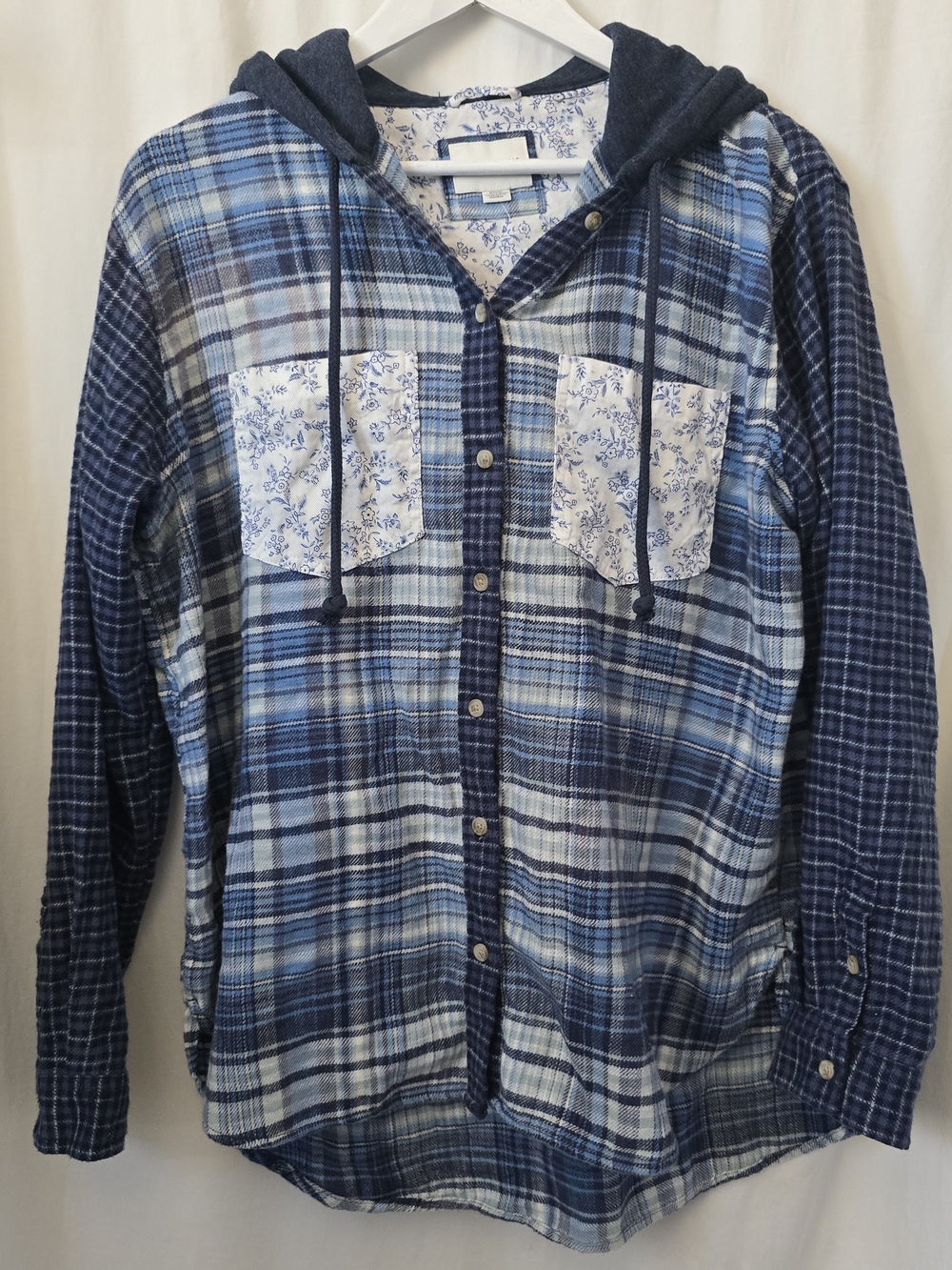 American Eagle Mixed Plaid Flannel Hoodie Shacket Blue Floral Boho M NWT